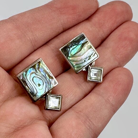 Abalone Earrings, Shell, Blue Topaz, Sterling Silver,  Latch Back, Pierced - Picture 2 of 4